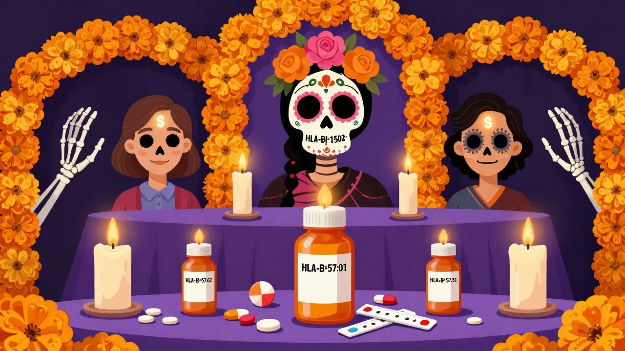 An altar with pill bottle candles, genetic test strips, and portraits of patients, adorned with marigolds and protective skeletal hands.