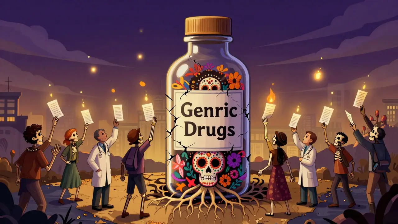 Cracked generic drug bottle with rising reports like fireflies, patients and providers reaching toward FDA building.