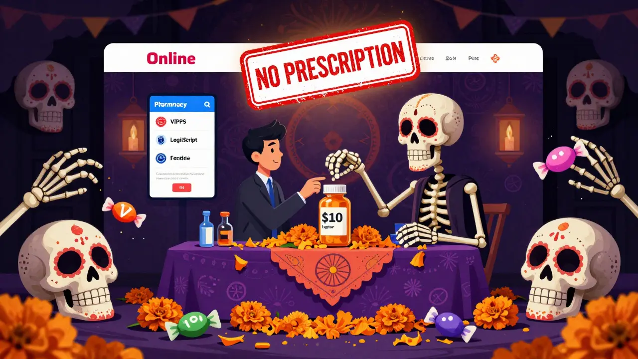 Day of the Dead altar with crumbling fake pharmacy seals and a skeleton reaching for a dangerous  pill bottle.