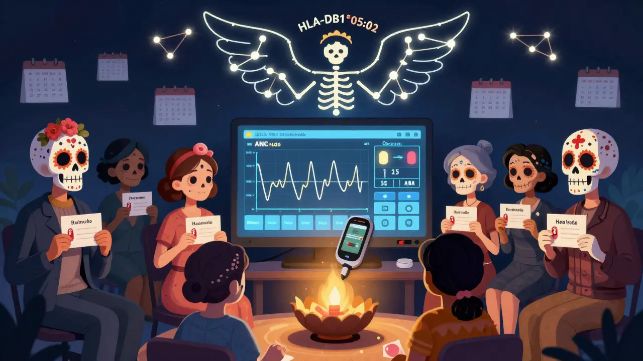 Diverse patients hold medical alert cards shaped like sugar skulls, standing before a monitor showing ANC levels, with a glowing point-of-care device and gene symbols forming a protective angel.