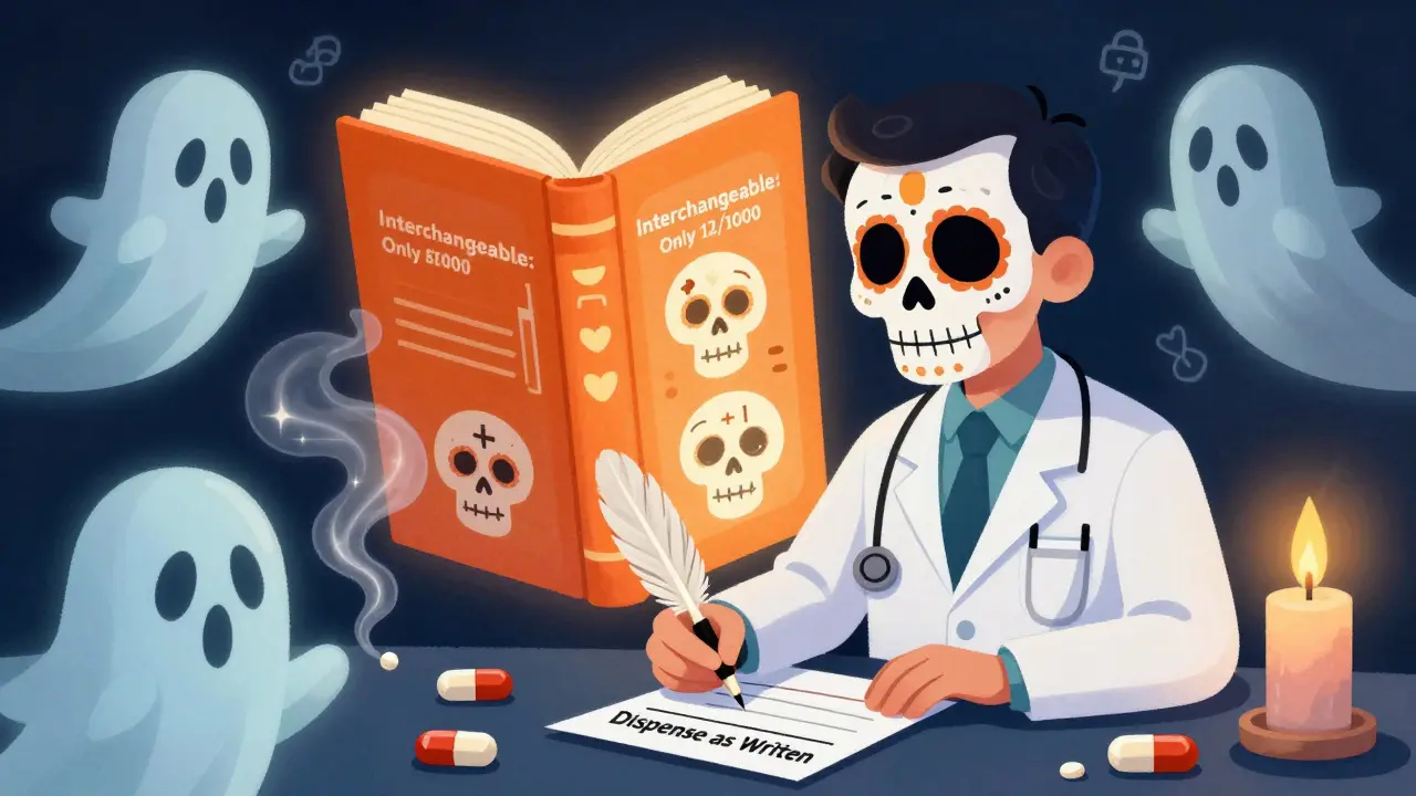 Doctor writing 'Dispense as Written' with a bone quill, surrounded by dissolving generic pills and floating medical icons in Day of the Dead style.