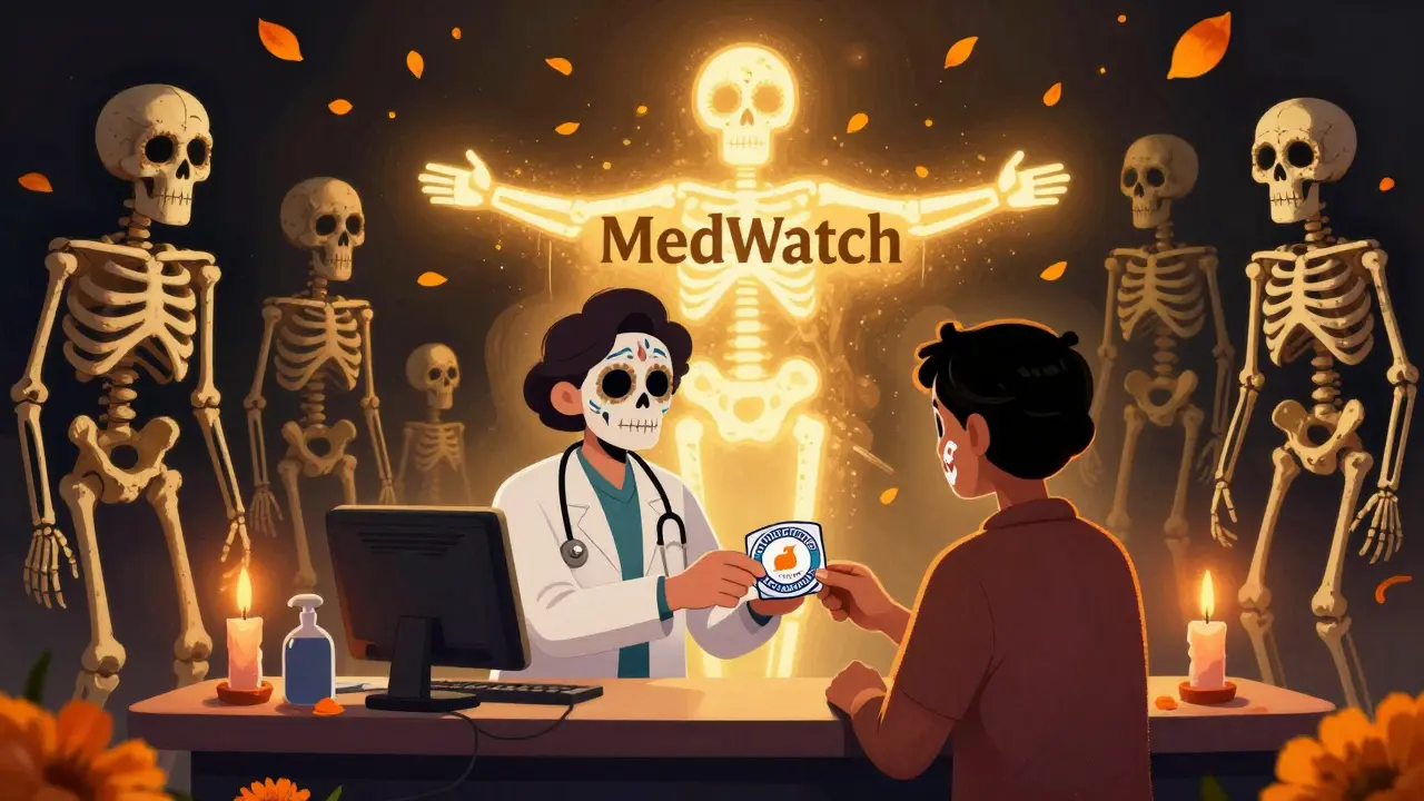 Healthcare provider gives manufacturer sticker to patient as glowing MedWatch form floats above, skeletons in shadow.