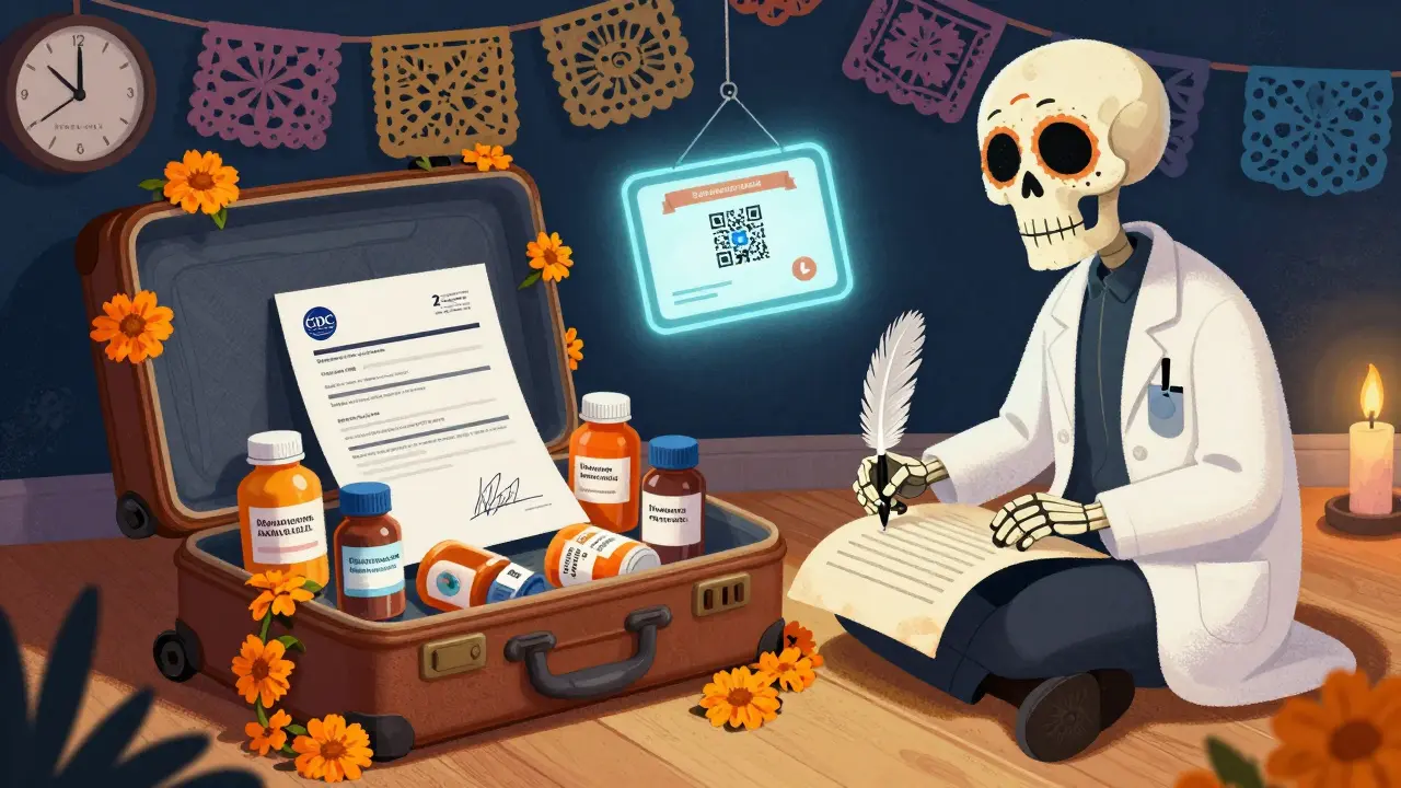 Open suitcase with labeled medication bottles and a signed CDC letter, a skeletal doctor writes nearby under candlelight.