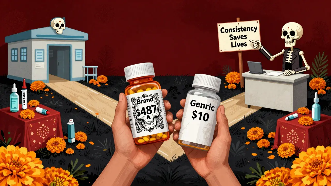 Patient choosing between brand and generic pills at a crossroads, one path leads to hospital skulls, the other to marigolds, with skeletal pharmacist guiding them.
