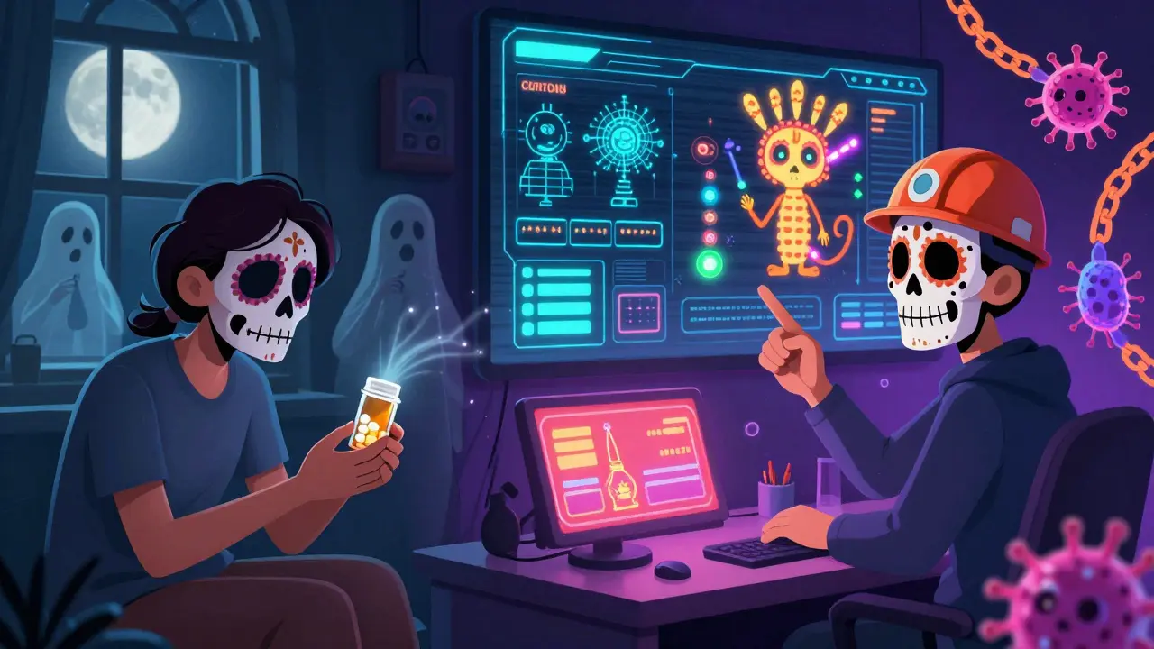 Patient with empty bottle beside AI dashboard glowing like alebrijes, engineer detecting machine flaws.