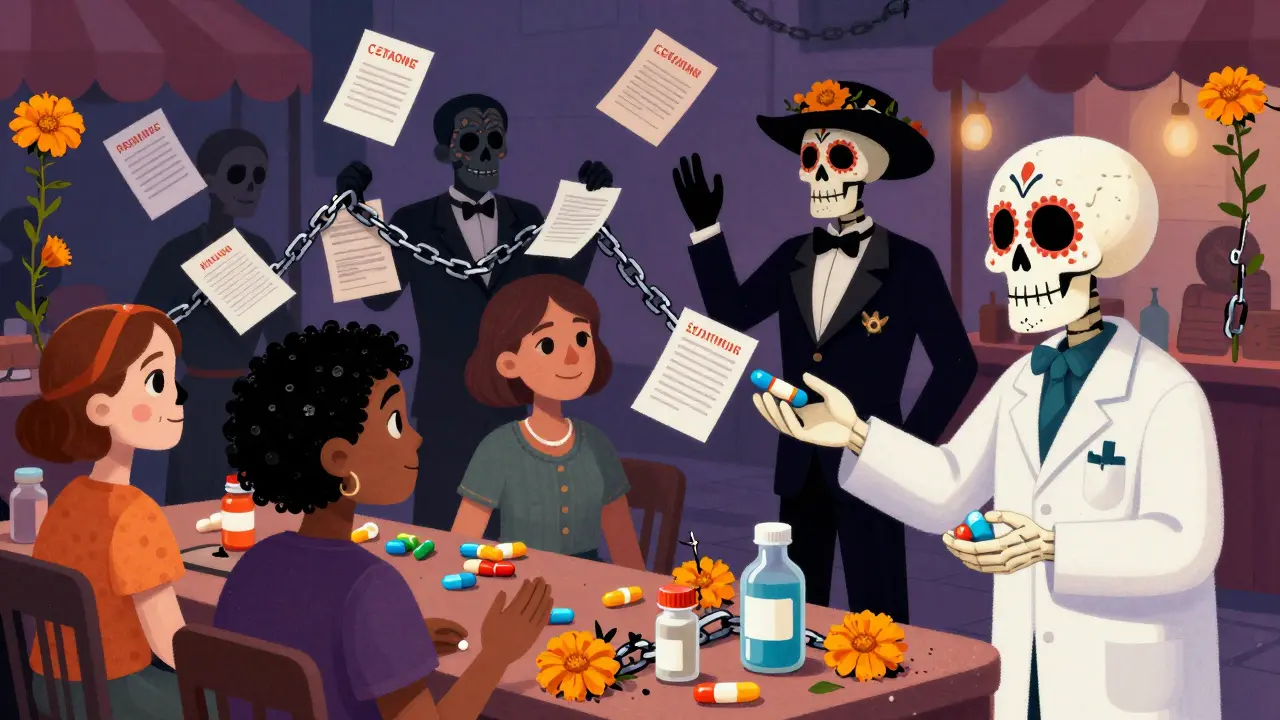 Patients receive generic pills from a pharmacist skeleton as brand executives try to block them with patent chains, broken by growing marigold vines.