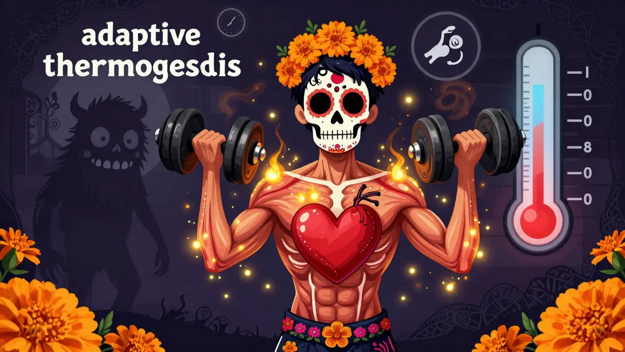 Person lifting a heart-shaped dumbbell as a metabolic monster dissolves into marigold smoke.
