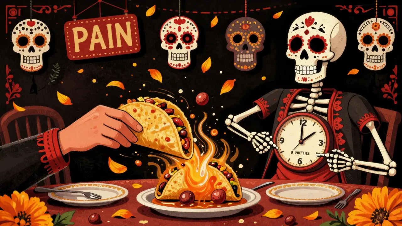 Person reaching for taco that turns into gallstones, with skull clock and warning calaveras, Day of the Dead theme.