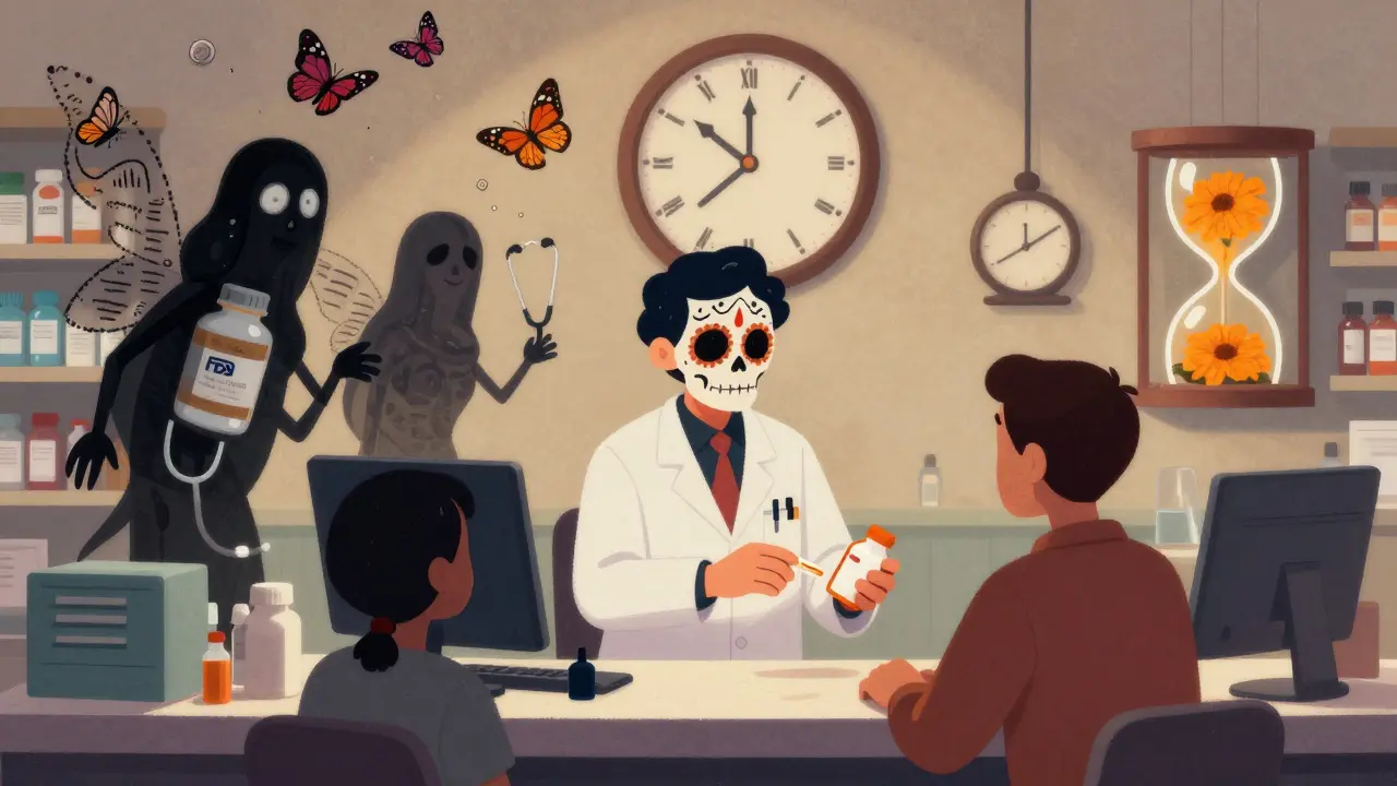 Pharmacist giving medicine as ghostly alebrijes of medicine bottles rise, FDA letters turning to butterflies.