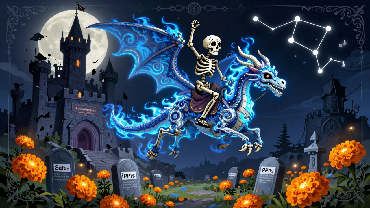 Skeleton riding ticagrelor dragon over crumbling clopidogrel castle, safe PPIs blooming with marigolds.