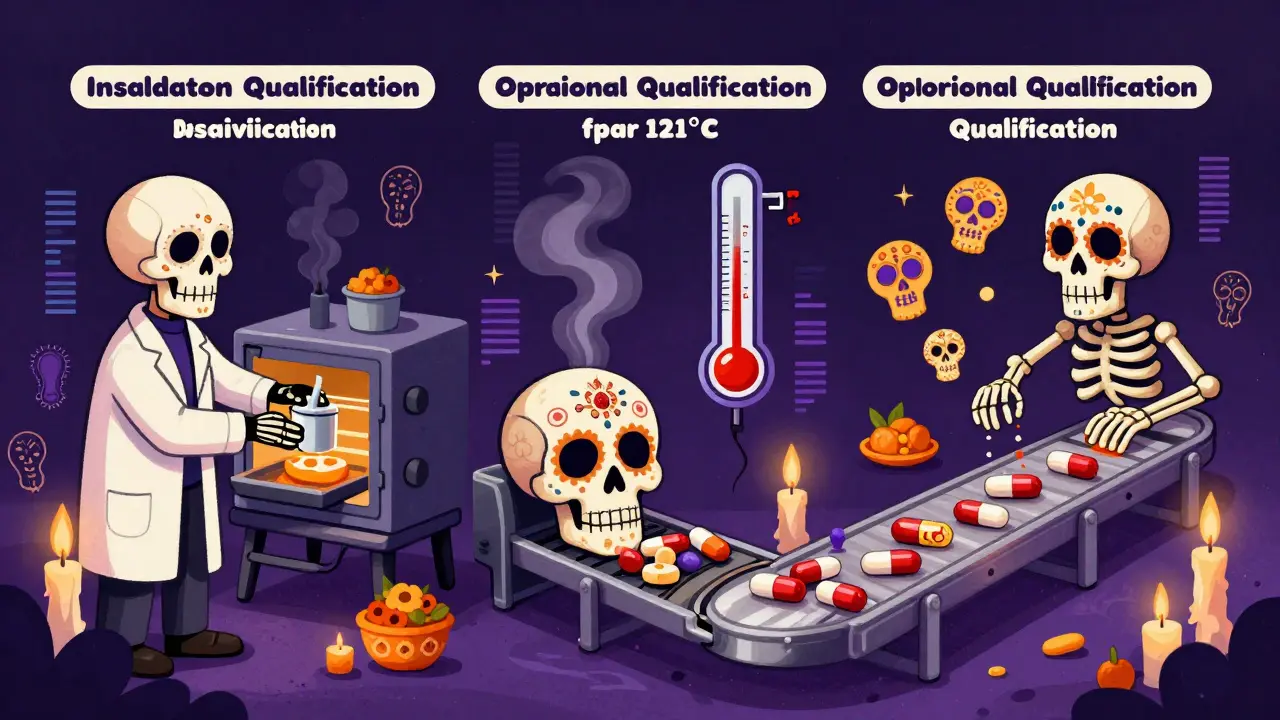 Three-phase validation ritual shown through skeletal figures and calavera-themed lab equipment under candlelight.