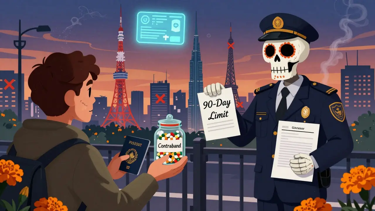 Traveler denied entry, pills confiscated into a jar, digital certificate forming in sky above global landmarks with red X's.