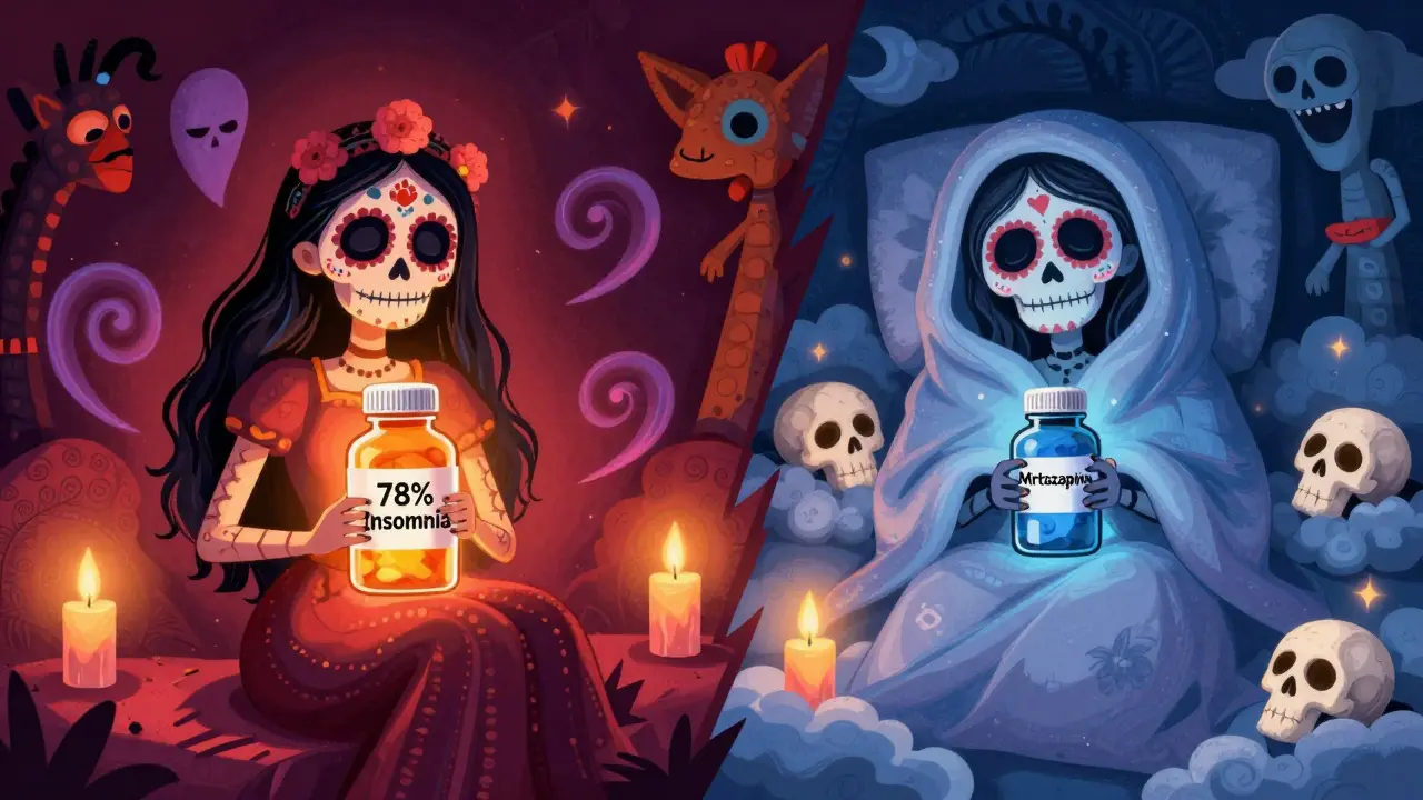 Two contrasting figures: one tormented by insomnia with a Prozac bottle, another at peace with Mirtazapine, surrounded by calm skulls and sleep symbols.