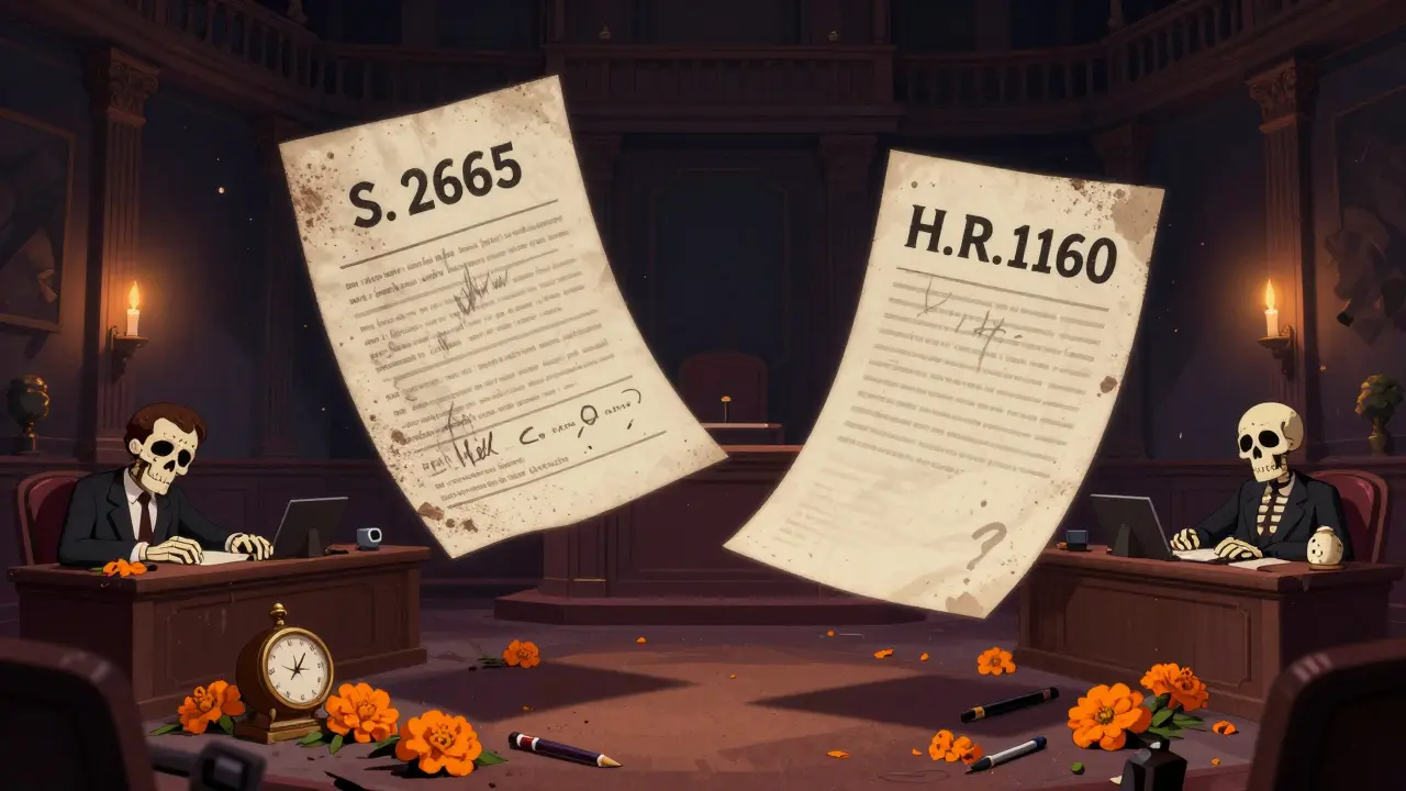 Two faded congressional bills float in a deserted Senate chamber, one scribbled with questions, the other blank, as lawmakers sleep amid dust and marigolds.