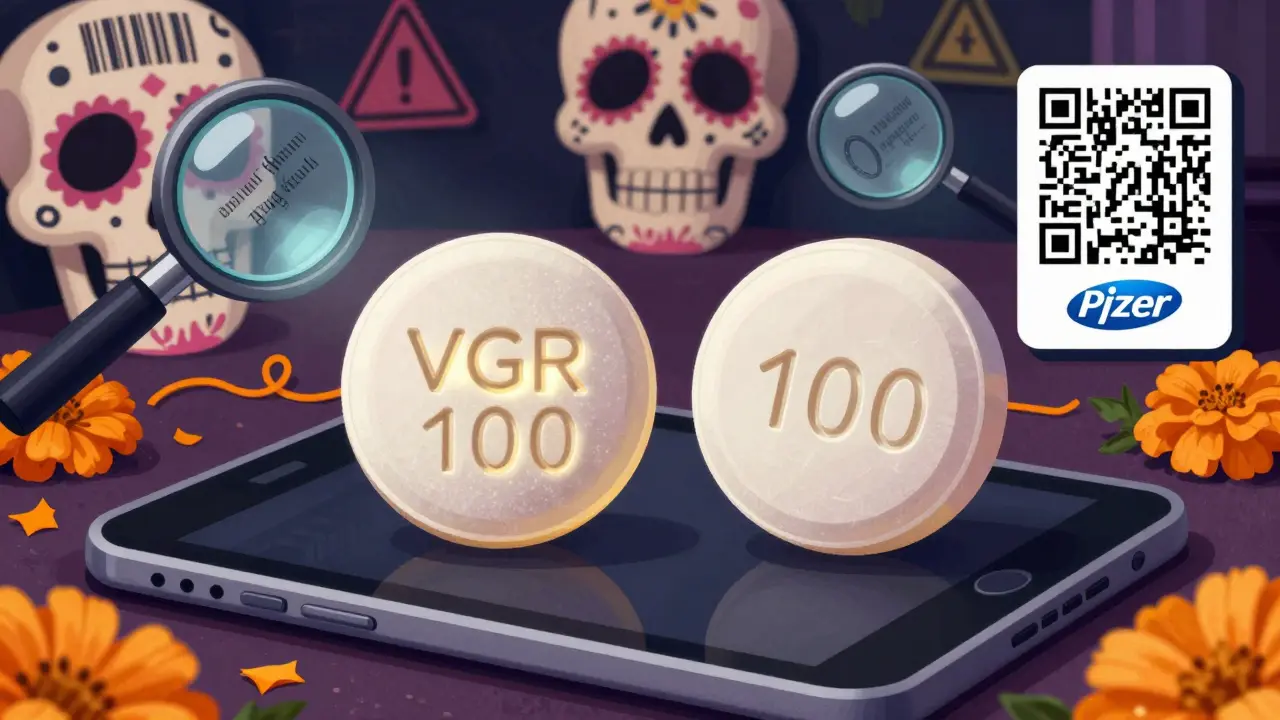 Two pills side by side: one with perfect imprint, one with crooked lettering, under magnifying lenses and glowing QR codes.