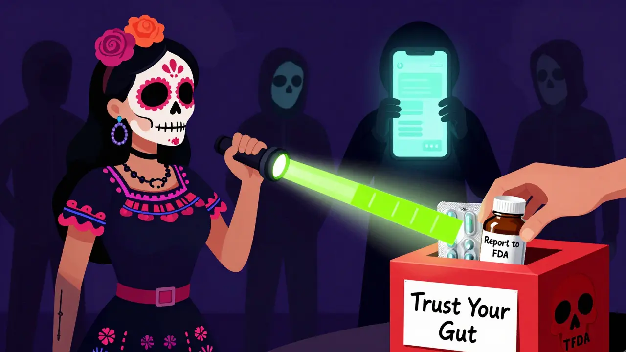 Woman shining UV light on a pill pack, revealing hidden security features, while shadowy online sellers lurk behind her.