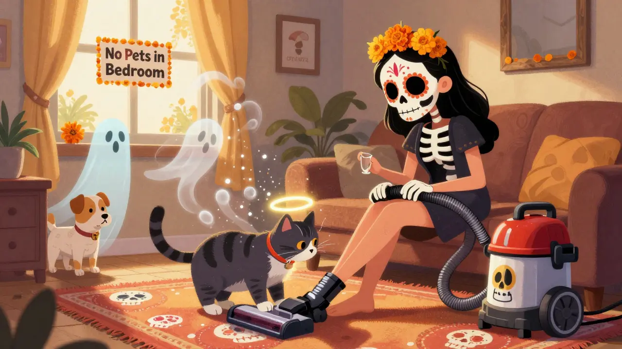 A cat with a halo is near a person while a HEPA vacuum removes pet dander ghosts, with a 'No Pets in Bedroom' sign made of flowers.