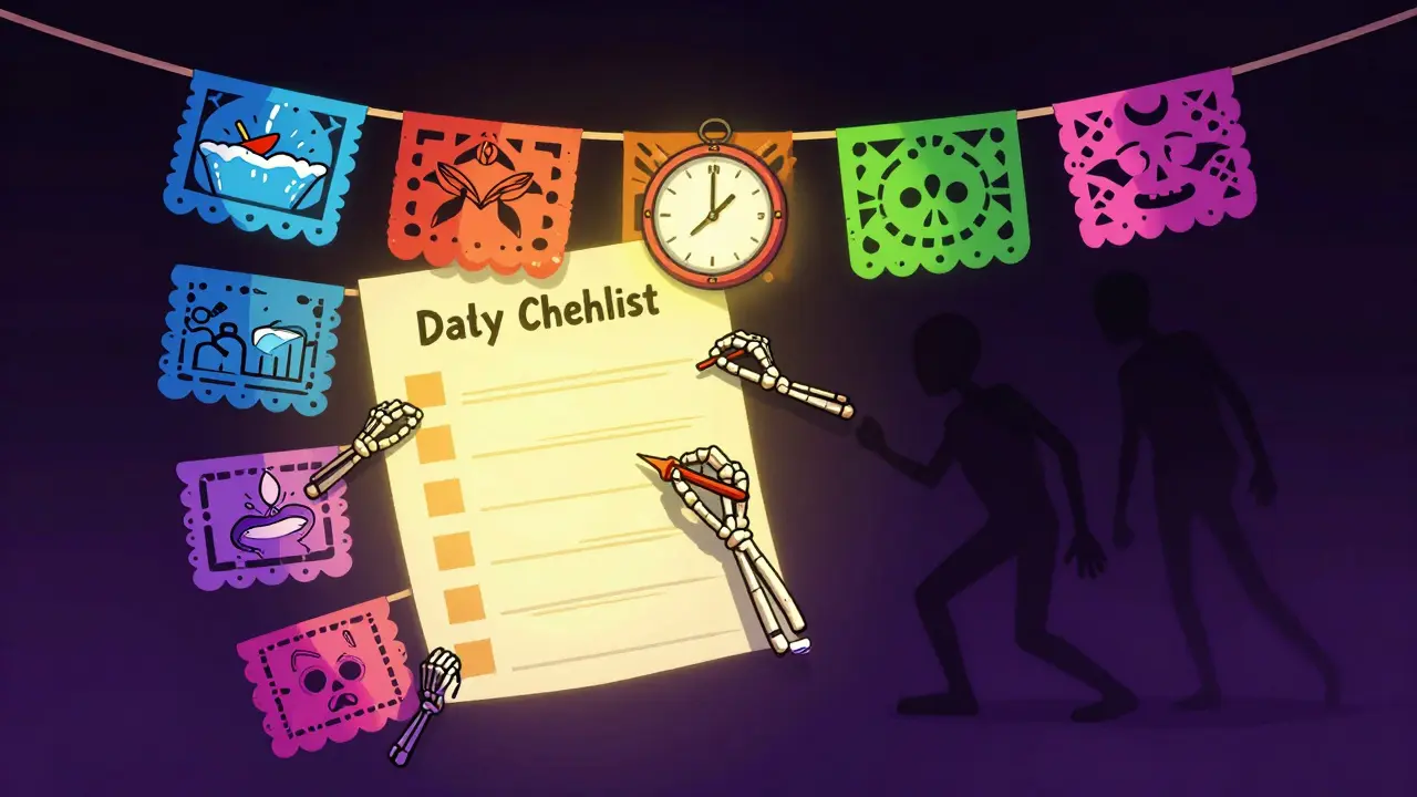 A floating daily foot care checklist with papel picado banners, skeletal hands performing each step, and a glowing clock.