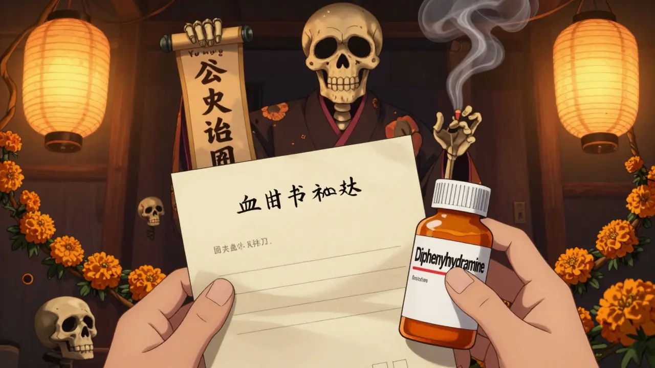 A hand holding a doctor’s letter next to Benadryl, with a towering skeletal figure from Japan looming in background.