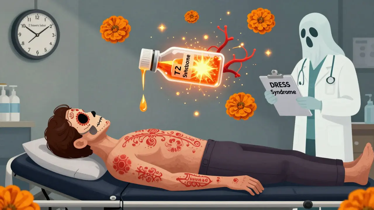 A patient with a slow-spreading rash and clock showing 72 hours, with antibiotic and fever symbols in Day of the Dead style.