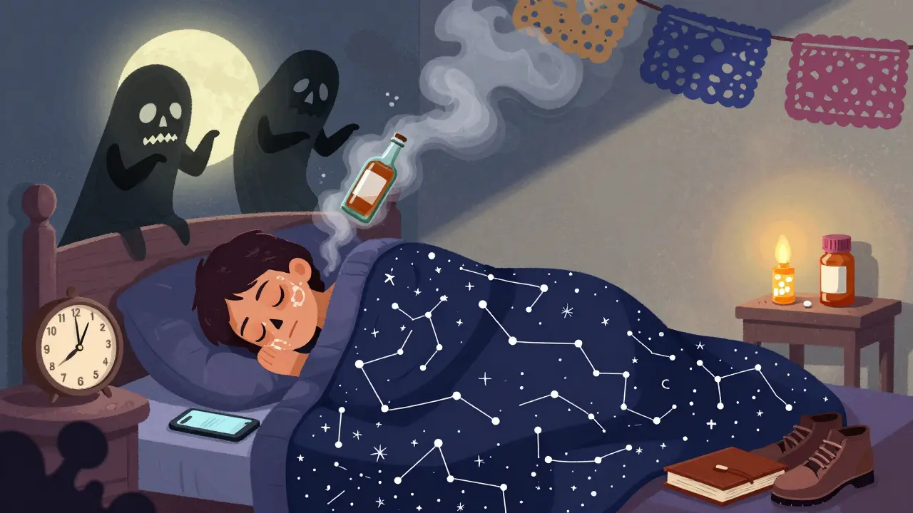 A person sleeping peacefully as stress and alcohol fade away, with sleep symbols and a pill bottle on a bedside altar.