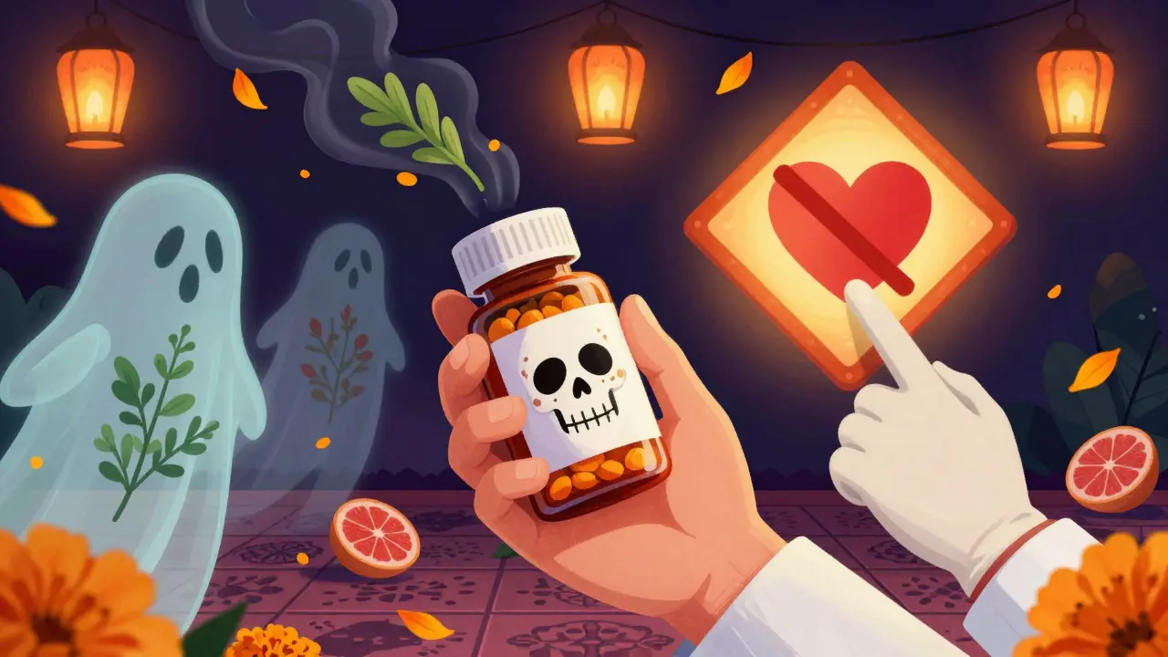 A pill bottle with a skull label surrounded by ghostly herbs and a warning sign shaped like a heart, set on calavera tiles.