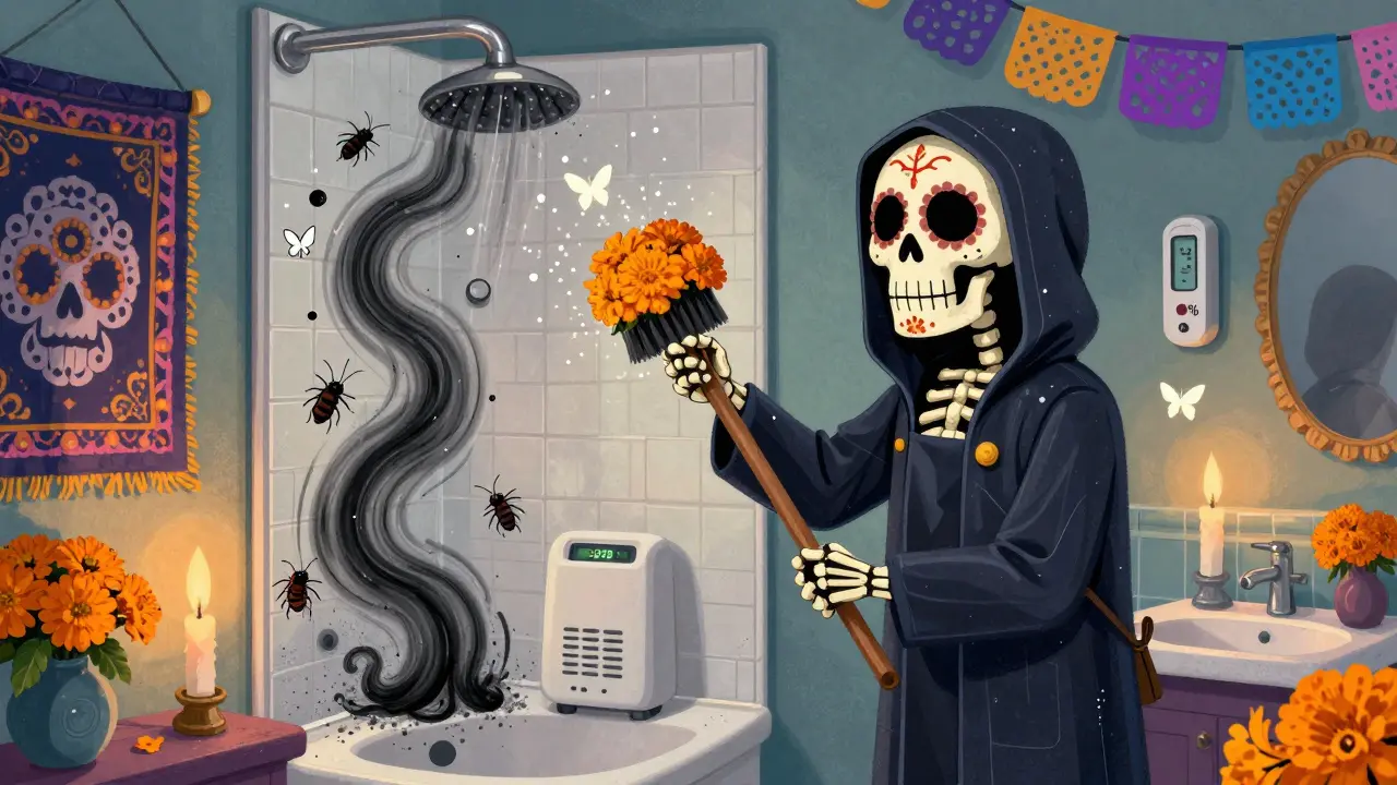 A skeletal cleaner scrubs mold spores with flowers as dehumidifier butterflies fly, and cockroach spirits flee from sealed cracks.