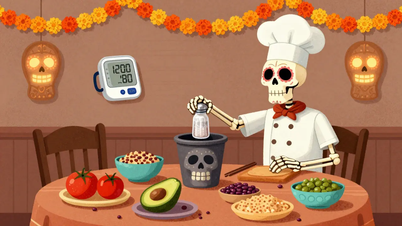 A skeleton cooking a healthy meal with fresh foods, salt shaker being discarded, blood pressure monitor showing good numbers.