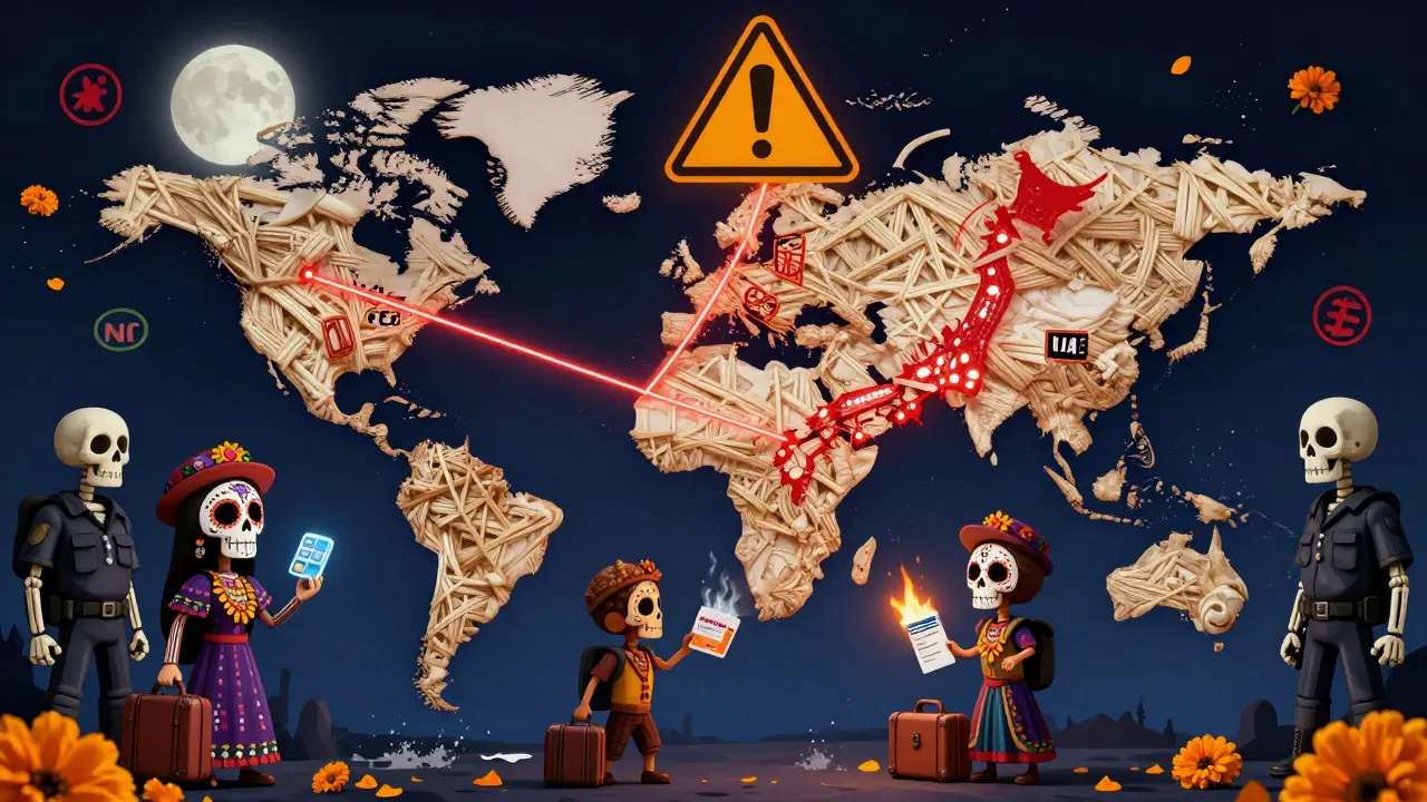 A skull-bone map showing global medication bans, with travelers stopped by skeletal guards under a warning-sign moon.