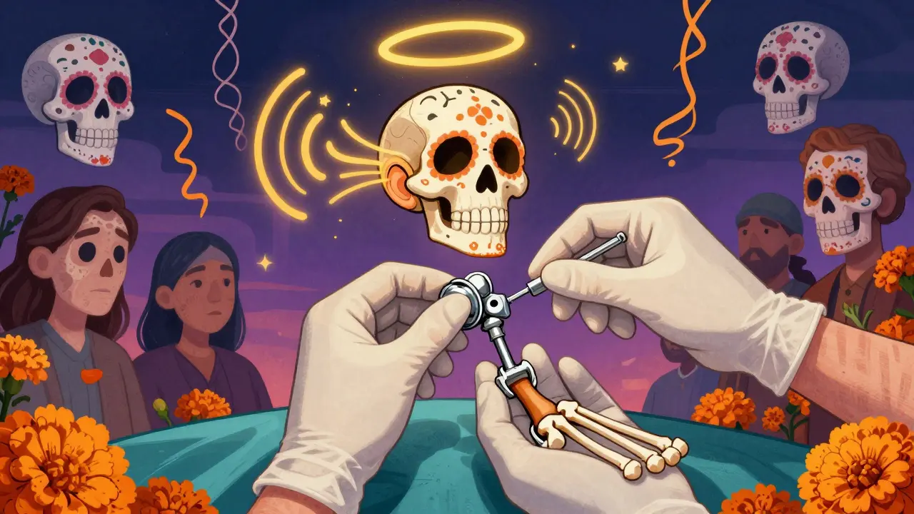 A surgeon using a calavera-shaped prosthetic to restore hearing, with golden sound waves and ancestral faces watching in a Day of the Dead inspired scene.
