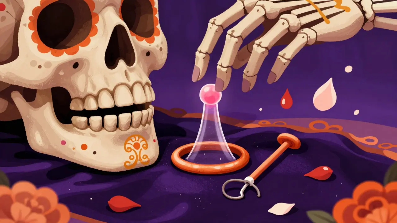 A vaginal ring floating above a skull’s mouth beside a copper IUD talisman, surrounded by symbols of heavy and light periods in Day of the Dead style.