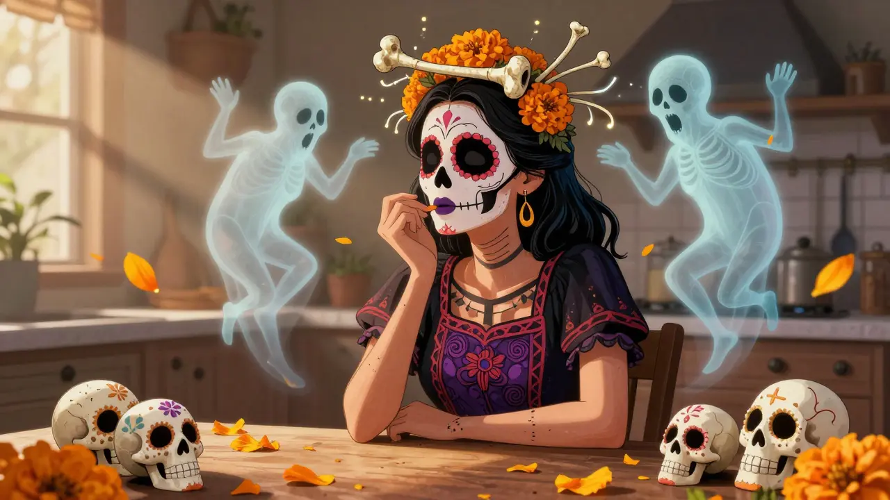 A woman in her 30s surrounded by floating spectral stapes bones and sugar skulls, symbolizing hearing loss and family history in Day of the Dead aesthetic.