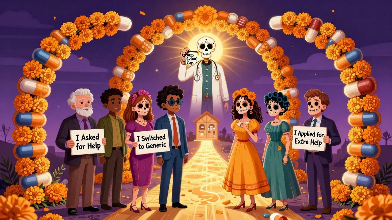 Diverse people standing under an arch of pill bottles and flowers, with a skeletal doctor offering a key labeled '2025 00 Cap'.