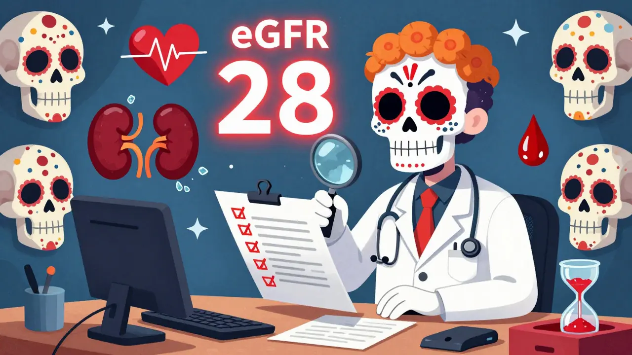 Doctor examining a chart with a red eGFR warning, floating medical danger symbols in Day of the Dead style.