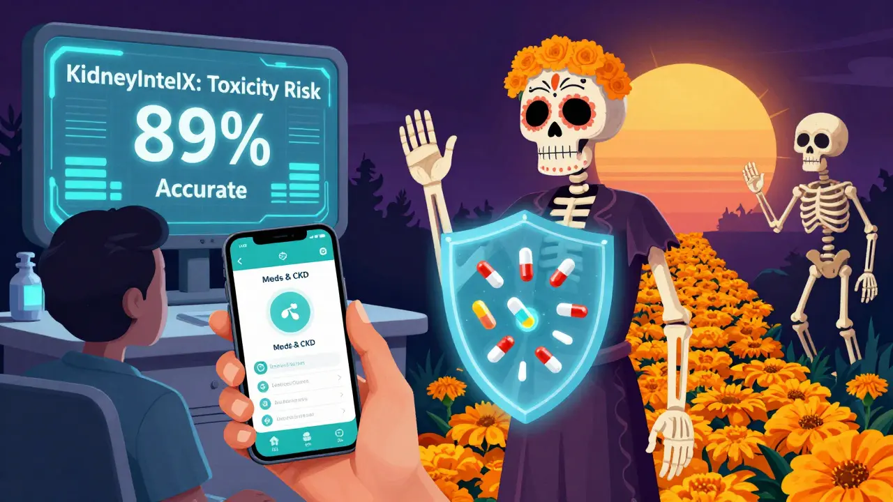 Patient protected by a smartphone app shield, repelling harmful meds, under a glowing sunrise in Day of the Dead style.