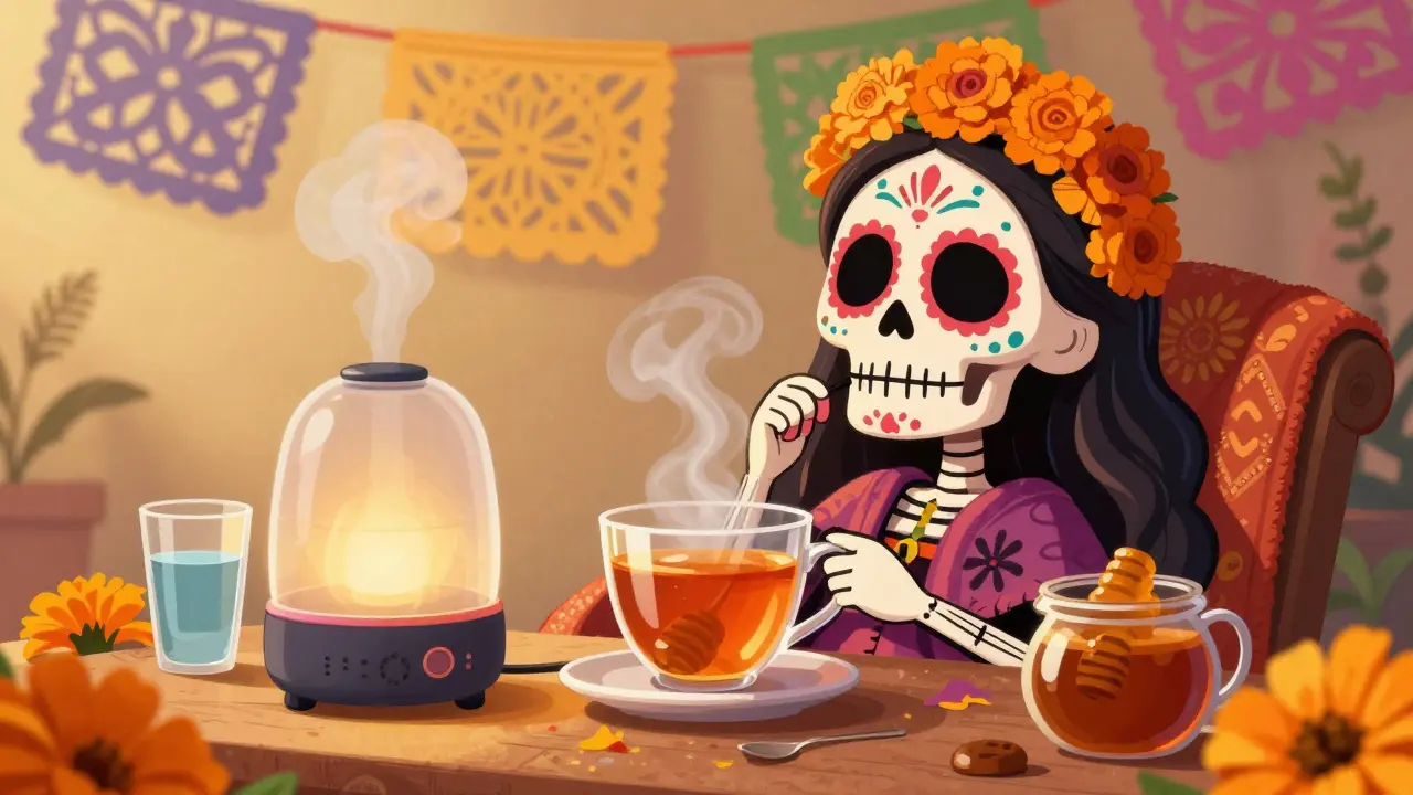 Resting skeleton sipping honey tea, humidifier steam, water glass, marigolds.