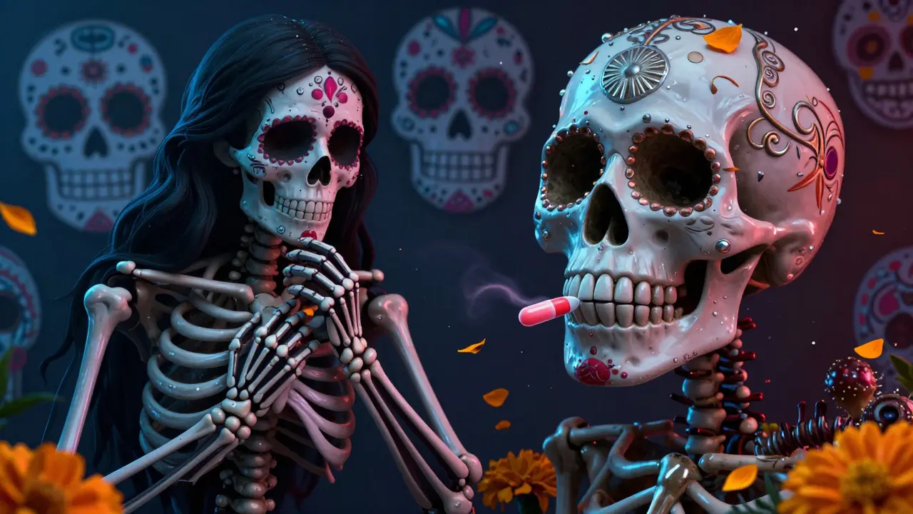 Skeleton experiencing antibiotic side effects, resistant bacteria skull nearby, marigolds in background.