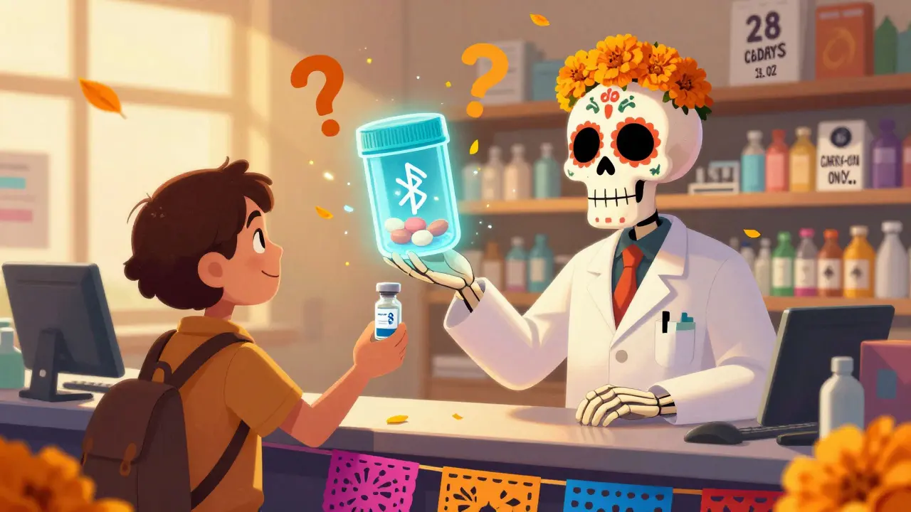 Skeleton pharmacist handing insulin wrapped in papel picado, with floating smart device and travel safety reminders in calavera form.