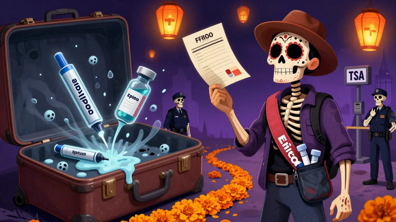 Split scene: damaged meds as ghostly skeletons vs. safely stored meds with doctor’s letter, under lanterns shaped like pharmacy symbols.