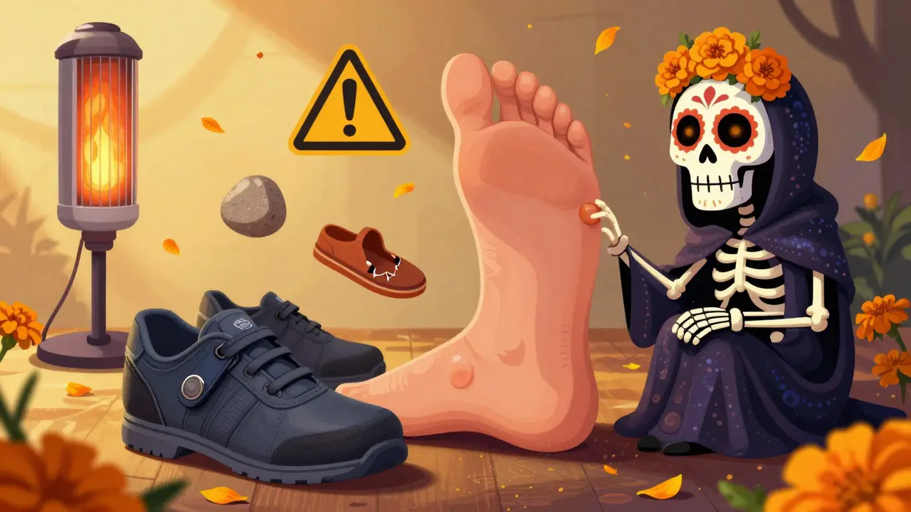 Therapeutic diabetic shoes beside a foot with a blister, surrounded by stylized warning symbols as alebrijes under warm light.