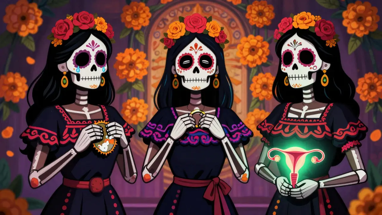 Three skeletal women representing patch, ring, and IUD use, with the IUD user glowing calmly amid marigolds in a Day of the Dead scene.