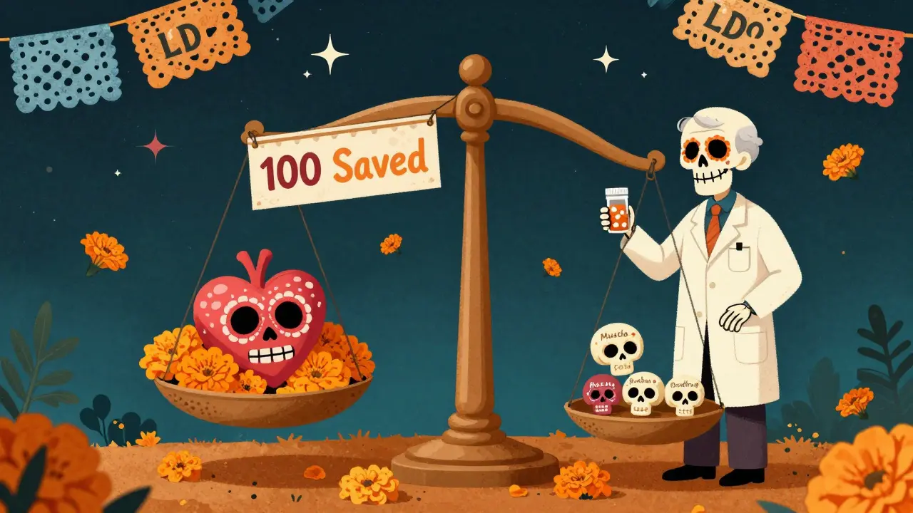 A balance scale weighing heart health benefits against statin risks, with a patient receiving a pill under marigolds.