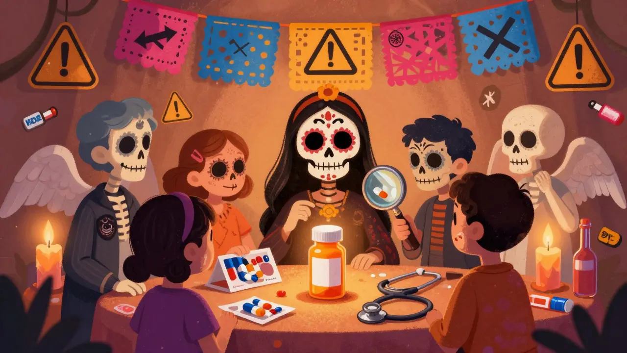 A family honors a pill bottle on an altar with warning symbols, while skeletal angels guard it under candlelight.