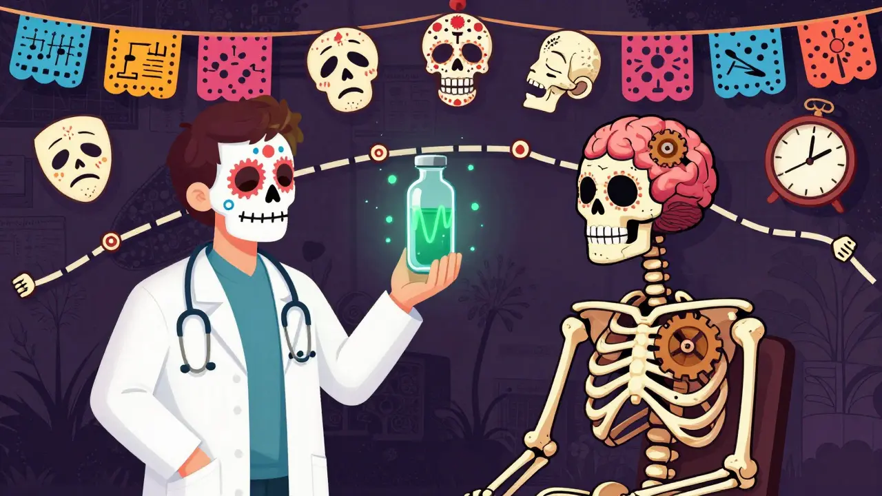 A neurologist holds a glowing spinal fluid vial as a skeletal patient sits with a broken clock brain, surrounded by misdiagnosis symbols.