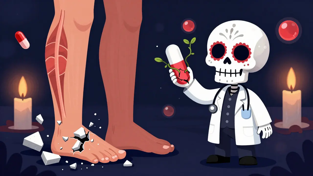 A person's legs turning into sugar skulls, with two statin pills shown—one causing damage, the other healing.