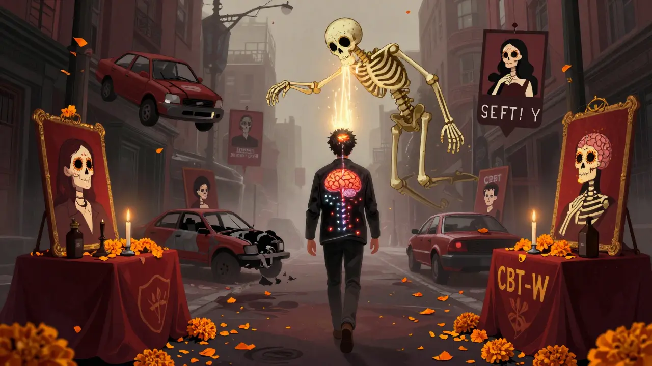 A person walks through a foggy city with a transparent brain, guided by a skeletal figure of Xywav pouring light into their spine.