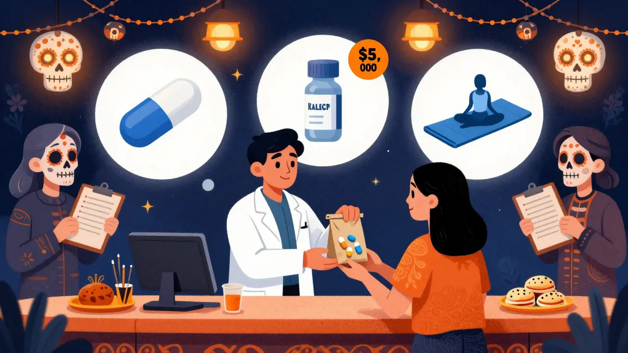A pharmacist hands a patient generic pills at a counter surrounded by floating drug alternatives and ancestral figures holding preference notes.