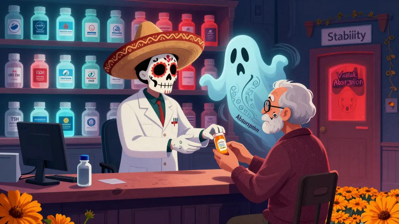 A pharmacist hands a pill bottle to an elderly patient as a ghostly figure swirls with lab numbers behind them.