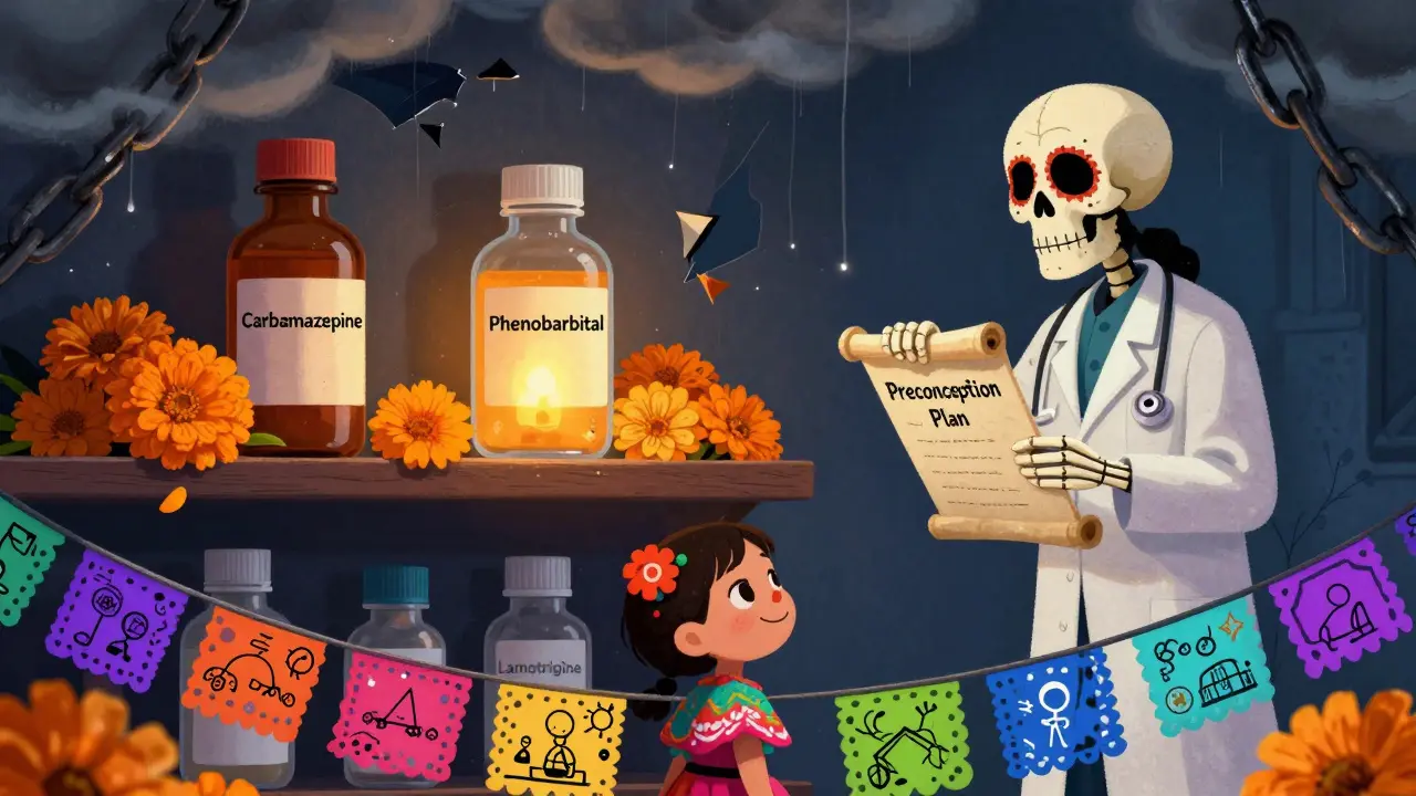 A pharmacy shelf with risky seizure meds in storm clouds and safe ones glowing beside marigolds, a woman consulting a skeleton doctor.