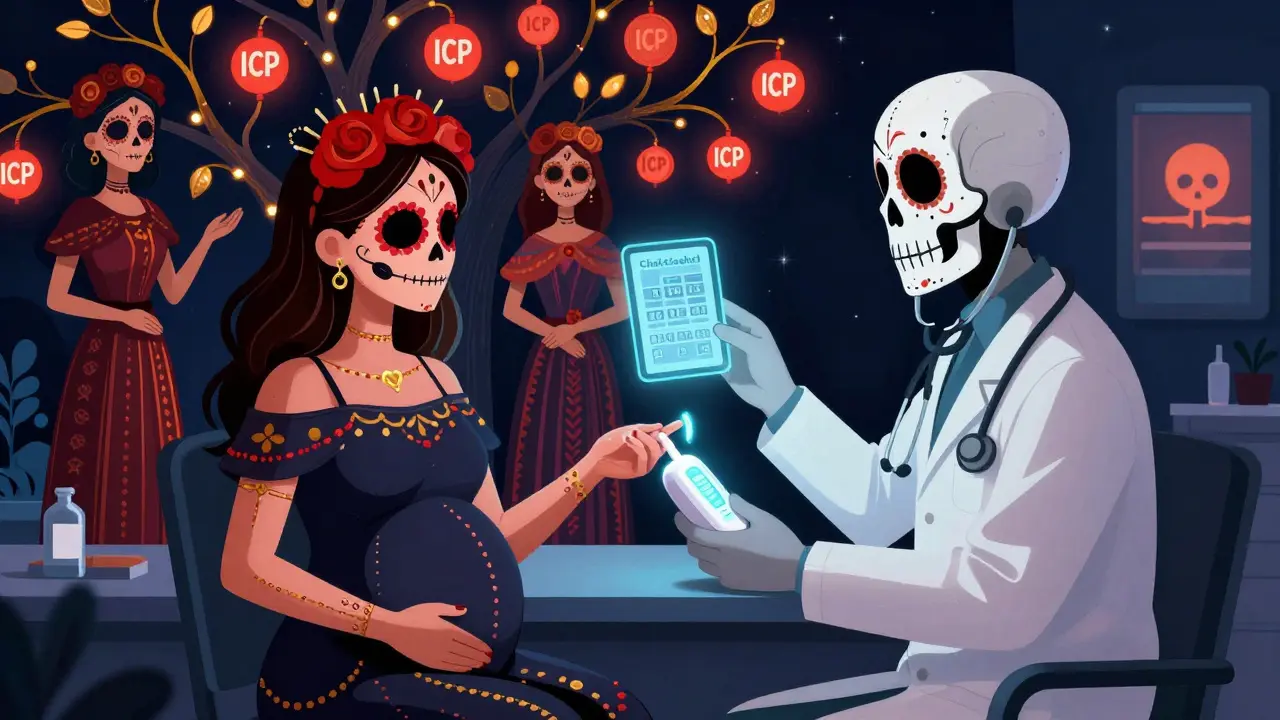 A pregnant woman getting a rapid bile acid test at night, with ancestral women’s portraits forming a glowing family tree behind her